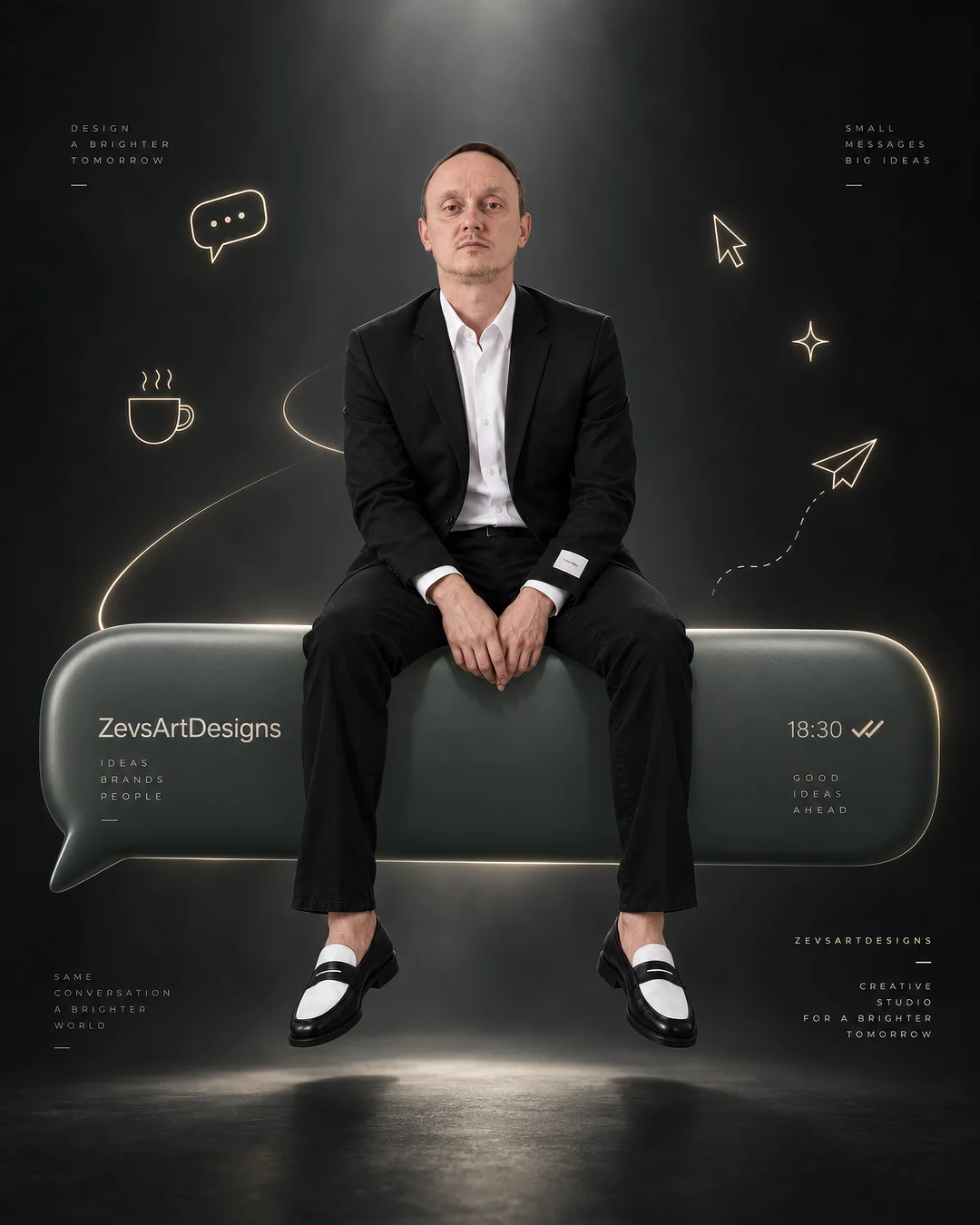 Ivan u crnom odelu sedi na velikom oblačiću poruke, kao na WhatsApp-u, okružen svetlećim ikonicama, u tamnom studiju.